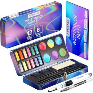ARTISTRO Metallic Watercolor Paints Set of 18, Palette set Including 12 Metallic Glitter Watercolor and 6 Chameleon Colors. Perfect Travel Watercolor Set for Artists, Amateur Hobbyists and Painting Lovers