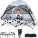 Toddler Travel Bed Cot with Tent: Portable Kids Camping Cots for Indoor and Outdoor - Sun & Mosquito Protection (Grey)