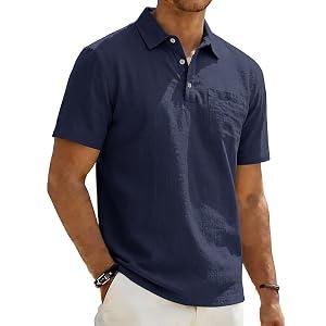 Mens Polo Shirts Short Sleeve Golf Shirts for Men Linen Casual Summer Classic Collar Shirts with Pocket Navy XL