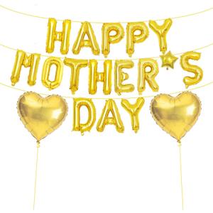 16 Inches HAPPY MOTHER'S DAY Letter Balloons Banner with Star and Heart Foil Balloons - Mylar Foil Alphabet Balloons Sign for Mother's Day Mom Party Decorations, Spring Family Gatherings (Gold)