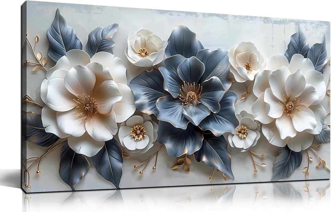 Flower Prints Wall Art for Living Room Blue and White Paintings for Wall Office Wall Decor for Bedroom Aesthetic Size 20" x 40"