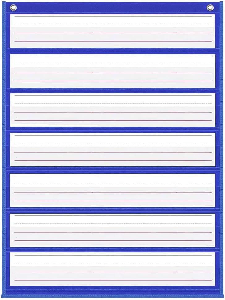 Auchq Magnetic Pocket Chart,Standard Pocket Chart with 7+1 Pockets,14 Double-Sided Dry-Eraser Cards for Daily Schedule,Class Demonstrations,Classroom Office Home Activities (Blue)