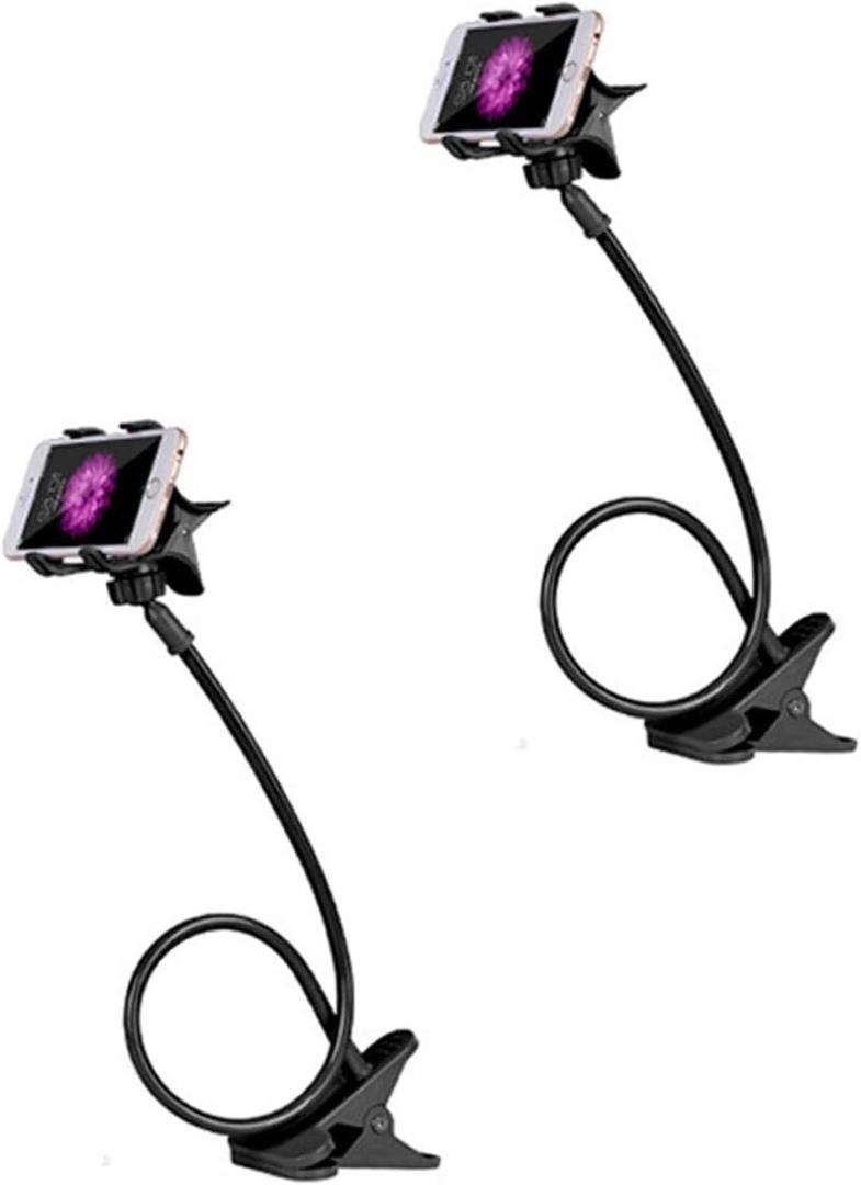 2 Pack Gooseneck Phone Holder for Bed and Desk, Flexible Long Arm Cell Phone Stand with Clamp Clip, Adjustable Overhead Bracket for Headboard, Bedside, Kitchen, or Office Use (Black)
