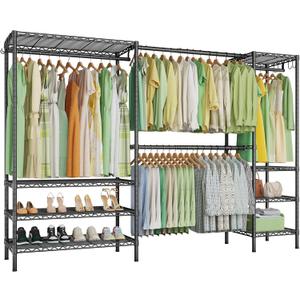 Ulif E11 Heavy-Duty Garment Rack, Metal Freestanding Clothes Rack and Closet Storage Organizer System with 8 Shelves and 4 Hanger Rods, (73.2 - 97.6)”W x 14.5”D x 71.2”H, Load 962 LBS, Black