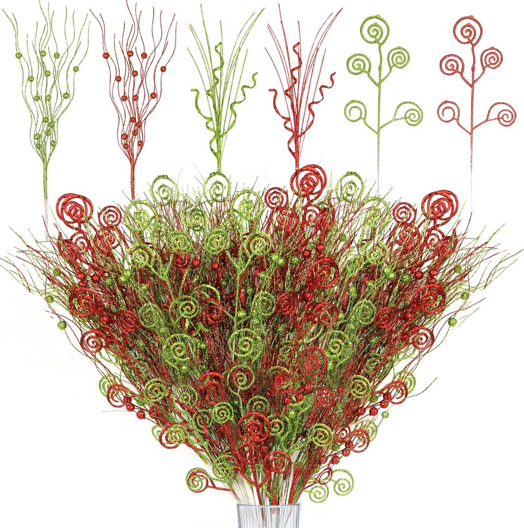 48PCS Christmas Tree Picks Decorations, 17 12 Red Green Artificial Glitter Curly Berry Stems Fake Candy Picks Ornaments Branches for Christmas Tree Topper Home Wreath Crafts Vase Filler Decor