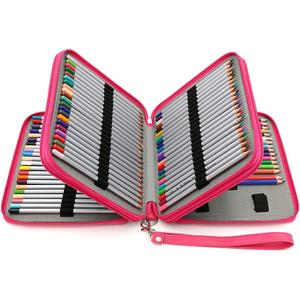 BTSKY Deluxe PU Leather Pencil Case For Colored Pencils - 120 Slot Pencil Holder with Handle Strap Handy Colored Pencil Box Large (Rose Red)