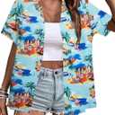 BANGELY Merry Xmas Shirt Hawaiian Shirts Women Funny Santa Claus Graphic Tee Ugly Beach Blouses Summer Holiday Button Up Tops (XX-Large, Blue)