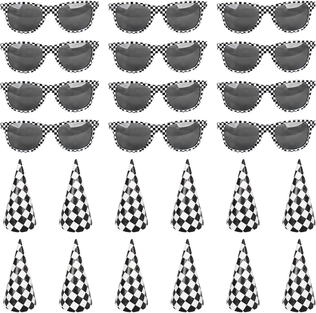24Pcs Race Car Party Supplies Favors Set Include 12 Race Car Checkered Sunglasses 12Black and White Checkered Cone Hats for Teenagers and Adults Birthday Decorations