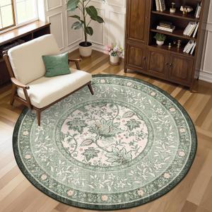 GarveeHome Sage Green Botanical Grove 4ft Round Rug, Small Circle Vintage Cottagecore Soft Low-Pile Non-Slip Washable Rugs for Living Room Bedroom Nursery Kitchen Retro Carpet