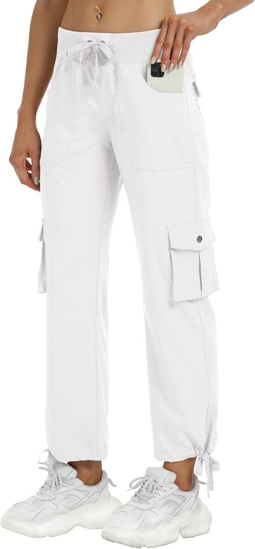 MoFiz Women's Hiking Cargo Athletic Pants Casual Travel Loose Lightweight Quick Dry Breathable Running Joggers Outdoor Button Pockets White S
