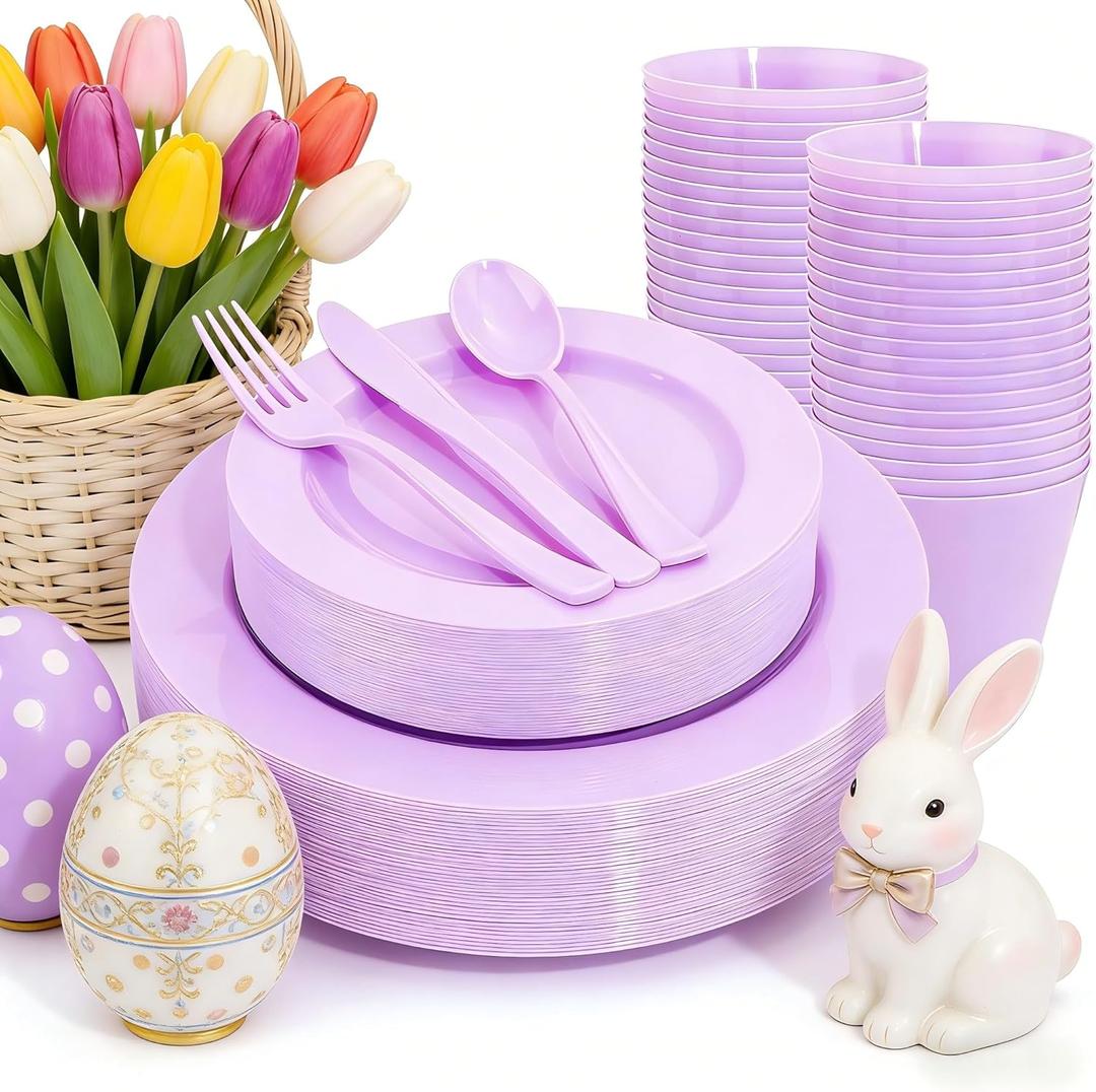 KIRE 150 PCS Purple Plastic Plates - Purple Dinnerware Set Disposable 25 Dinner & 25 Salad Plates 25Forks 25Knives 25Spoons 25Clear Cups for Birthday/Baby Shower/Easter/Spring