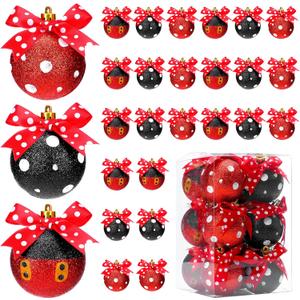 24 Pcs 2.4 Inch Christmas Glitter Ball Ornaments Mouse Plastic Ball with Dot Bow Tree Ornaments Cartoon Mouse Balls Red Black Yellow White Dot Decorations for Xmas Trees Party House Decor