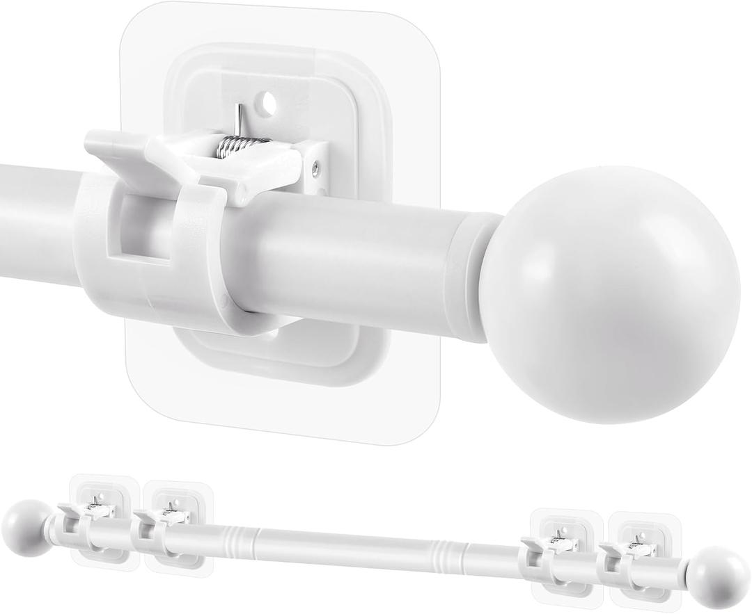 Curtain Rods No Drilling for Windows Set 30 to 45 Inch,5/8 Inch Diameter Drapey Pole with No Drill Curtain Rod Brackets,Renter Friendly Cortineros Para Ventanas with Adhesive Holder Hook (White)