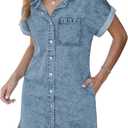 BestGirl Denim Shirt Dress for Women Short Sleeve Button Down Casual Summer Jean Dresses