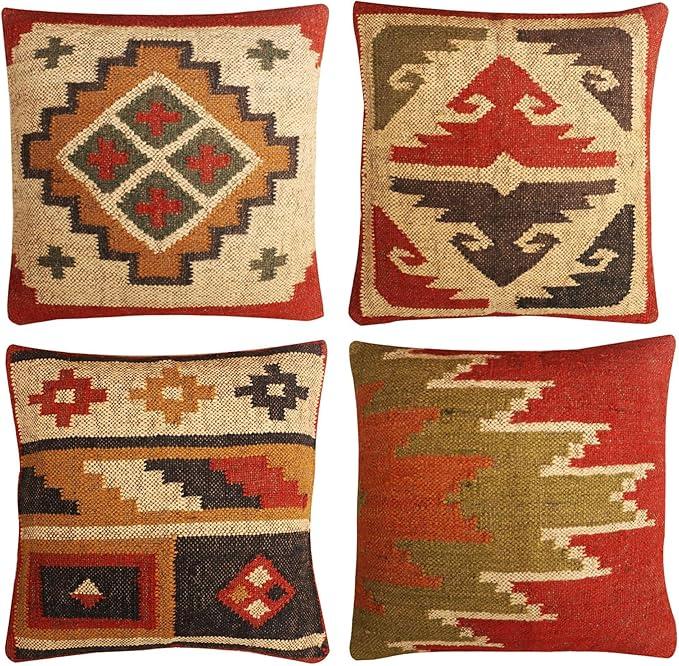 JAIPUR KILIM RUGS Set of 4 Wool Jute Vintage Kilim Cushion Covers,Home Decor Pillowcases Handwoven Turkish Pillow Decorative Throw Pillow Covers (Multicolor7), 18"L x 18"W