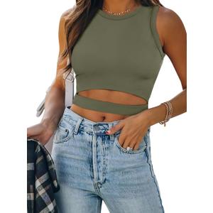 ANRABESS Women Tank Tops High Neck Sleeveless Sexy Cutout Racer Back Going Out Crop Tops Shirts Summer Y2K Outfits (Medium, Army Green)