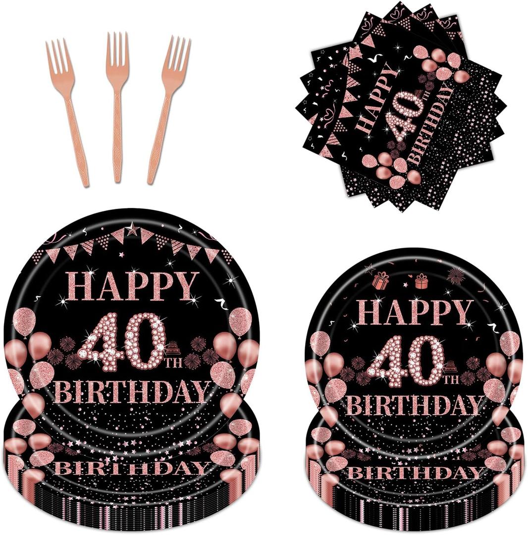 72 Pcs 40th Birthday Party Supplies Paper Plates and Napkins, Black Rose Gold 40th Birthday Plates Napkins Tableware Set for Girls Cheers to 40 Years Decorations, Serve 24