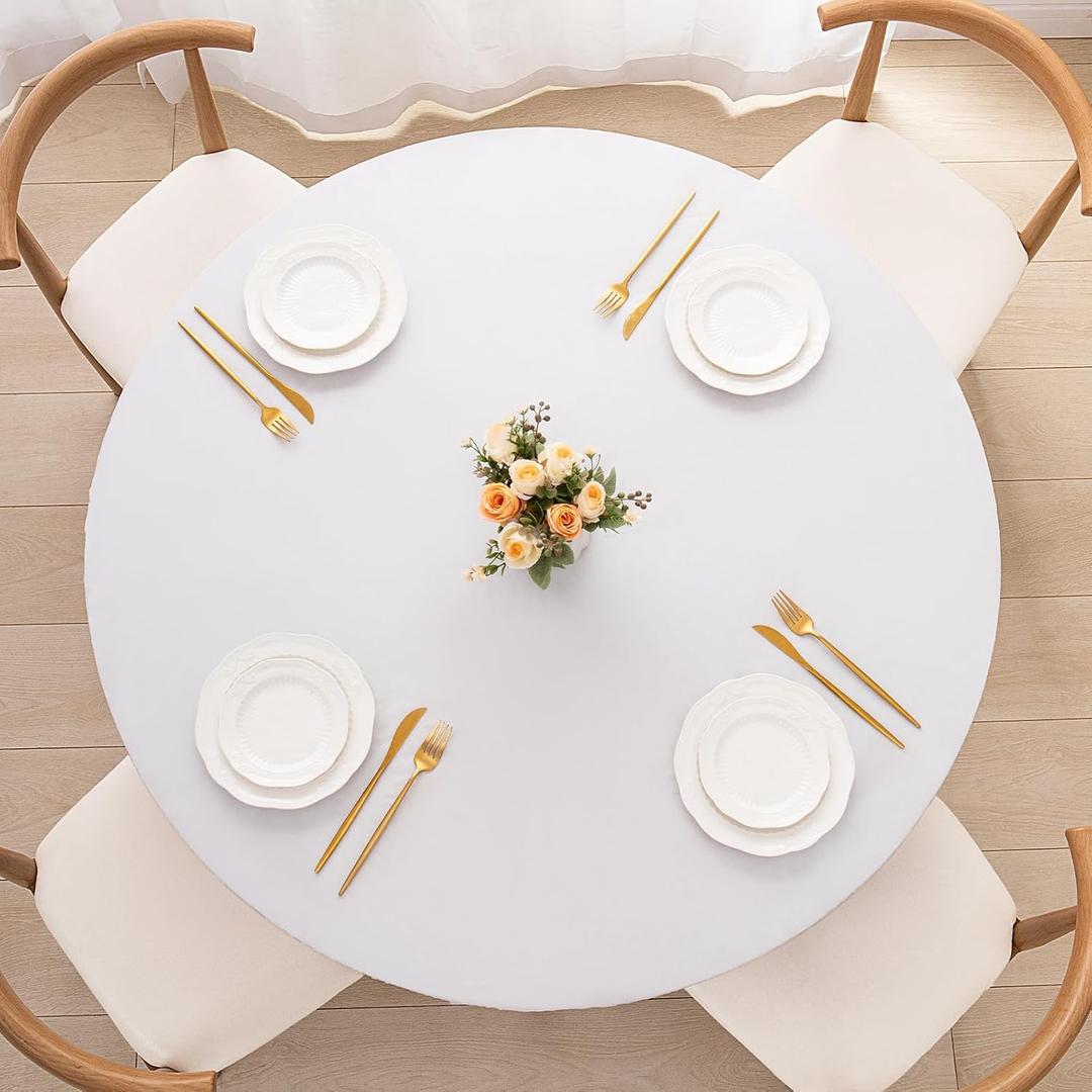 UMINEUX Round Fitted PEVA Vinyl Tablecloth with Elastic Edged & Flannel Backing, Waterproof Wipeable Round Table Cover for Indoor Outdoor Patio Use - Fits Tables up to 40"-44" Dia. (White)