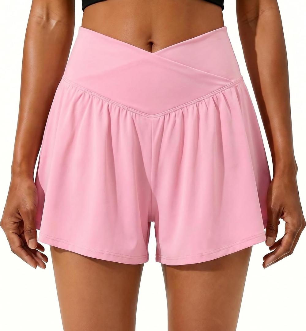 PrinStory Athletic Shorts for Women High Waisted Tennis Shorts Lightweight Workout Running Flowy Skorts (Small, Pink)