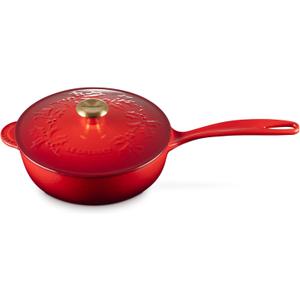 Le Creuset Enameled Cast Iron Holly Collection Saucier, 2.25 qt., Cerise with Gold Knob