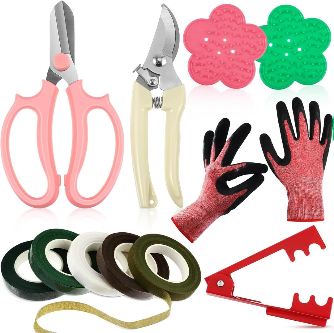 WILLBOND 11 Pcs Floral Tool Kit Rose Leaf Thorn Stripper Rose Pruning Shears Trimmer Remover Garden Floral Gloves Tapes Florist Garden Tool Gift Kit for Women(Pink)
