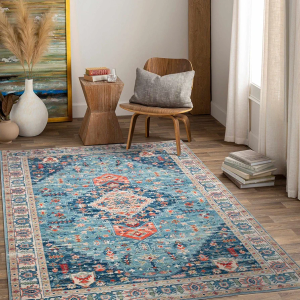 QBSM Washable Area Rug 6' x 9' Boho Entryway Rug Vintage Throw Rug Indoor Non-Slip Low-Pile Carpet Ultra Soft Rug for Living Room Bedroom Kitchen Laundry Room Office, Blue/Multi/Red