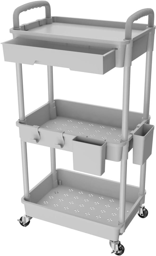 3 Tier Rolling Utility Cart with Drawer,REBECAT Utility Cart Made of Multifunctional Storage Organizer Tool for Kitchen,Bathroom,Living Room,Office(Gray)
