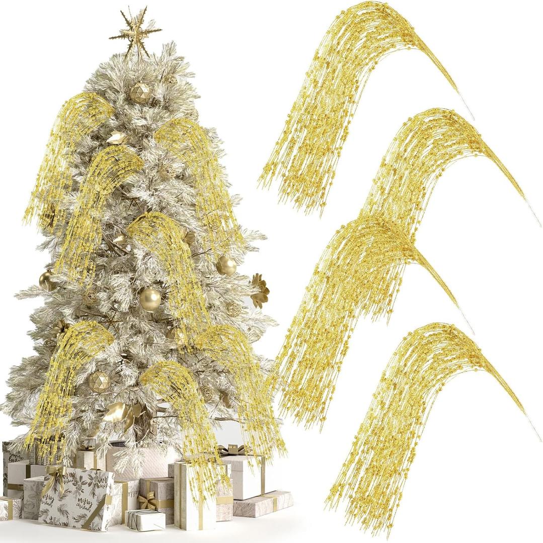 30 Pack Gold Long Glitter Berry Spray Pick 37" Branches Artificial Firework Berry Stem Decorations Curly Willow Christmas Tree Picks and Sprays for Xmas Tree Wreath Craft Home Vase Decoration