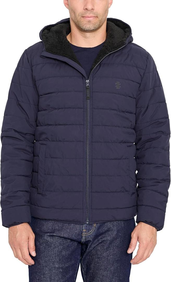 IZOD Men's Hooded Stretch Puffer with Sherpa Lining, Navy, Medium