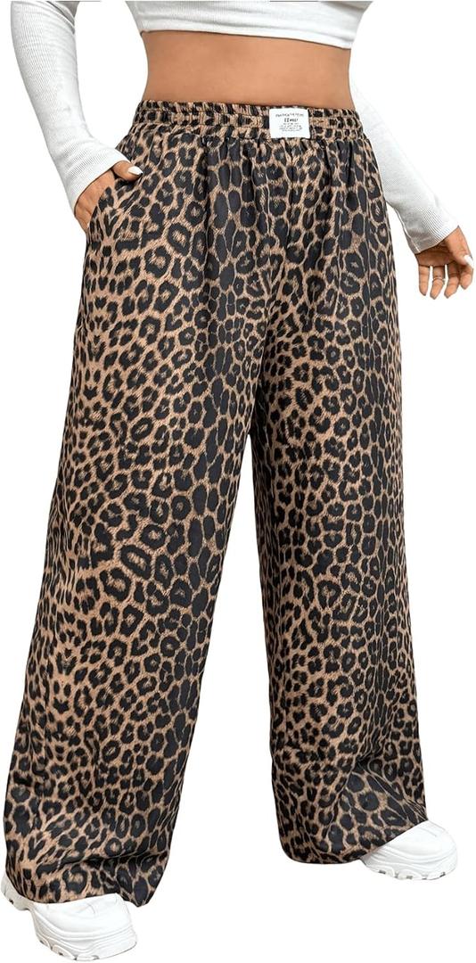 RoseSeek Women's Letter Leopard Print Straight Leg Pants Elastic Waist Y2K Trousers Bottoms with Pockets, XX-Large, Brown