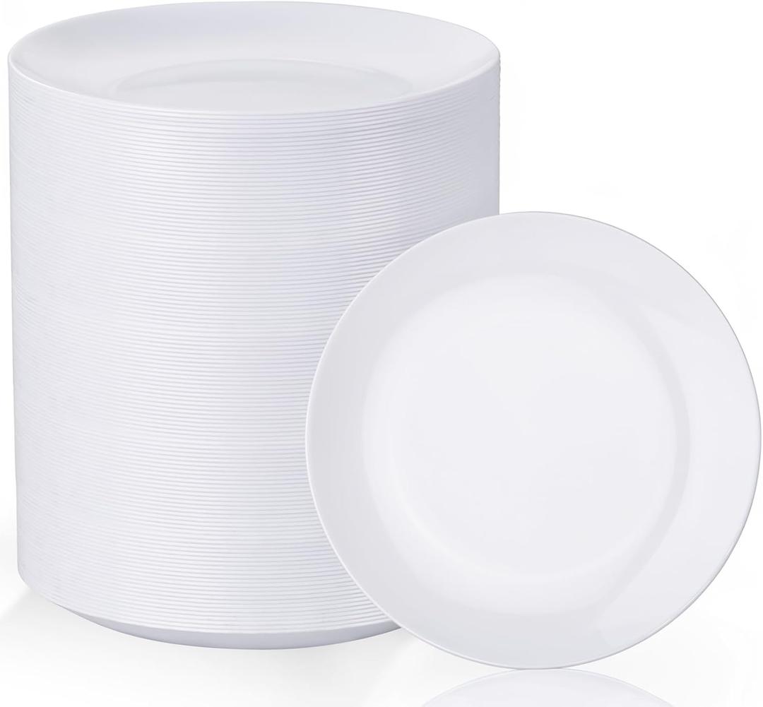 Nervure 100Pcs White Plastic Plates - 7.5inch Disposable White Dessert/Salad Plates - Heavy Duty Plastic Plate Ideal for Wedding & Party
