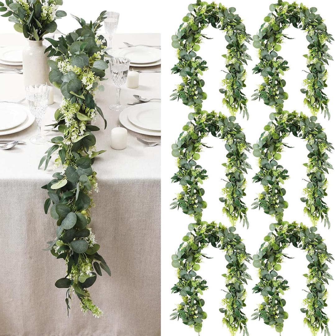 6pcs Artificial Eucalyptus Garland, 5.91 Feet Faux Greenery Artificial Hanging Fake Leaves Vines for Wedding Backdrop Arch Table Wall Party Home Mantle Decor(Eucalyptus Garland Fruits)