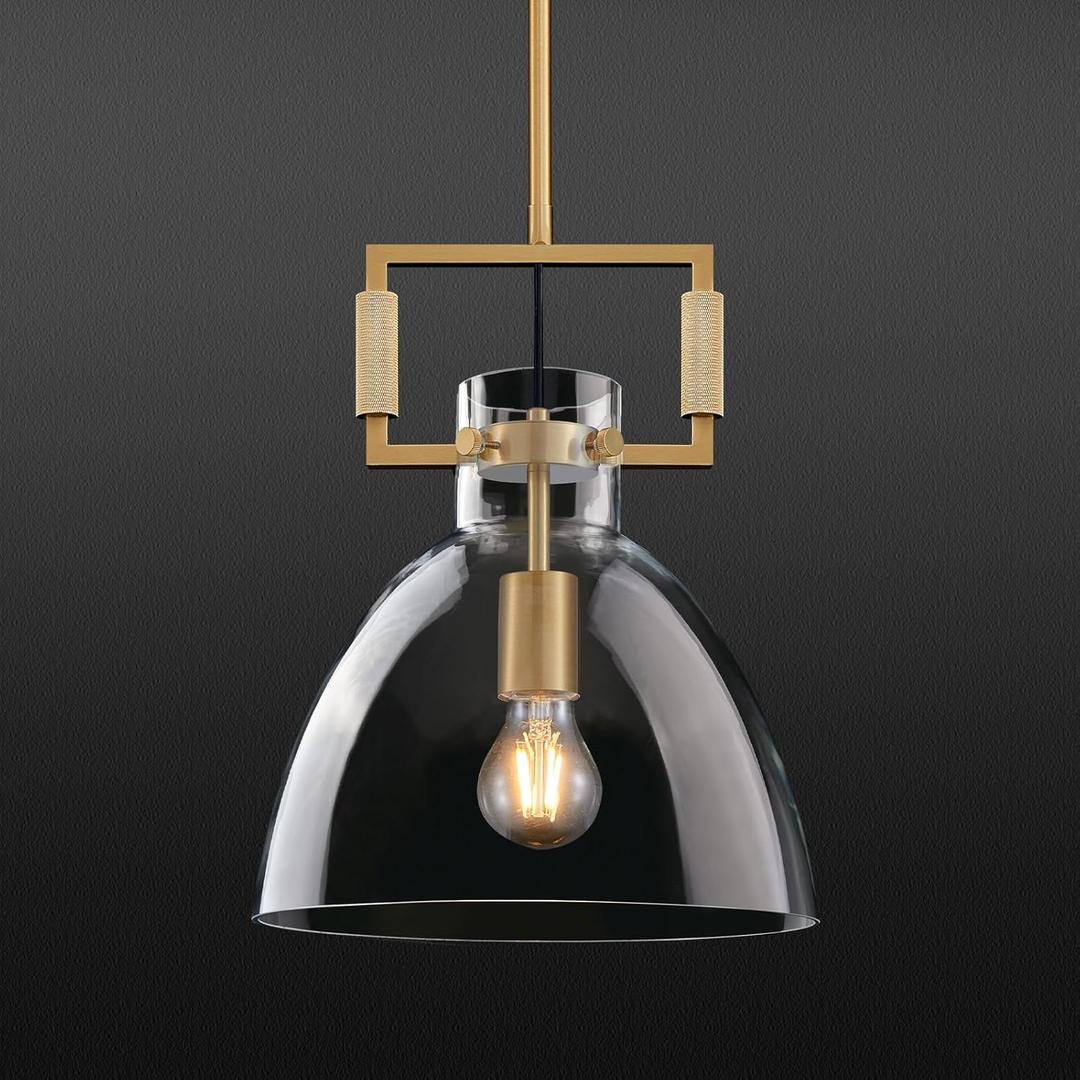Mondern Large Gold Kitchen Island Pendant Light, 10 '' W 1-Light Glass and Brass Island Pendant Lights,Dome Pendant Light, for Kitchen,Dining Room,Bathroom,Bar