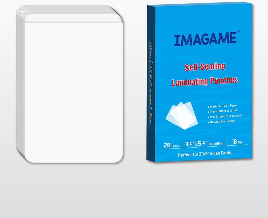 IMAGAME Self-Sealing Laminating Pouches, 3.4" x 5.4'', 18mil, 20 Pack, Easy-to-Use, No Machine Needed, Preserve Photos, 3" x 5" Index Cards, Durable, Waterproof, Ideal for Home, Office & School Use