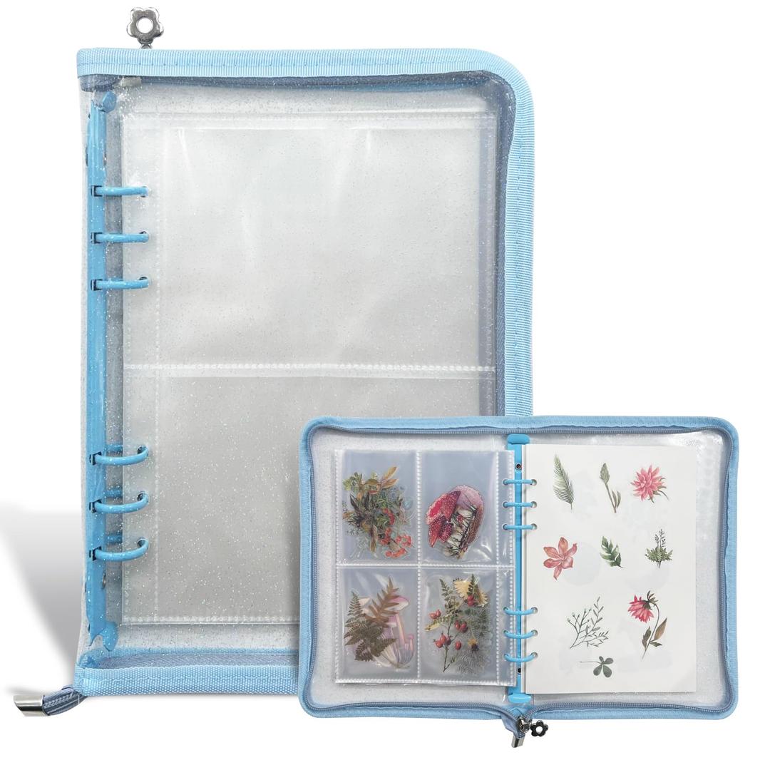 Sticker Storage Organizer Binder A5 Sticker Collecting Book Zipper Album for Adult with Blank Reusable Release Paper and Pocket Pages (Blue)