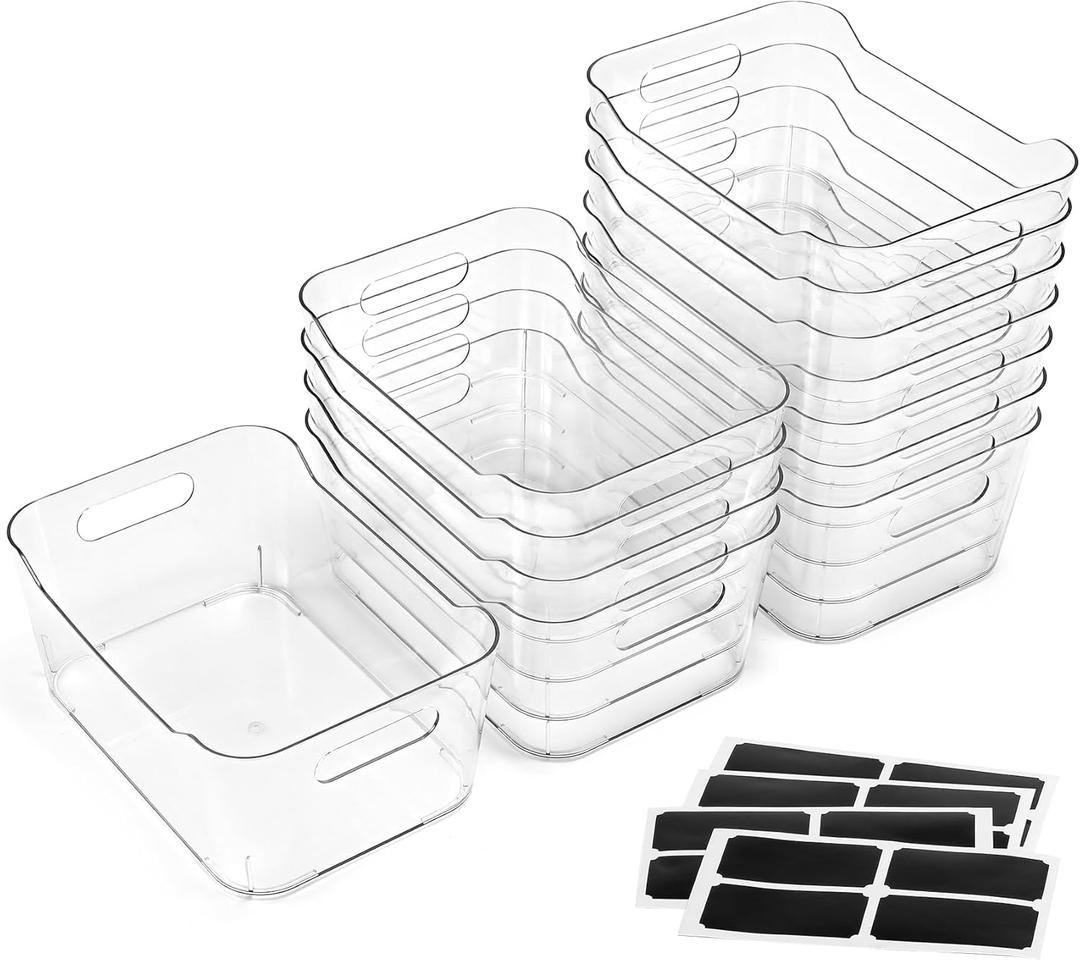 12 PACK Multiuse Clear Plastic Storage Bins for Organizing w/ Labels - Home, Kitchen, Bathroom, Office, Pantry Cabinet Shelf Organizer Bins - SOHO Collection, RV, Fridge Organization Containers (Medium)