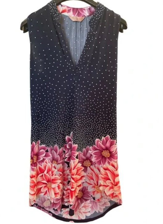 SJS Sleeveless Navy Dress with Pink/Violet Flowers size Large