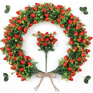 20 Pcs Artificial Strawberry Branches 11.81" Long Stem Strawberry Picks Plastic Realistic Straw Berry with Green Leaves Simulation Fruit Branch Decorative Branch for Vase Home Party Decoration