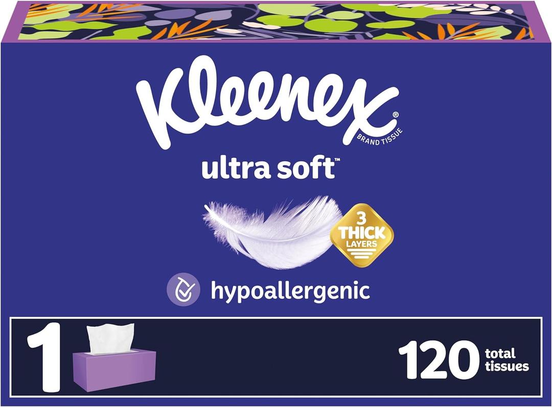 Kleenex Ultra Soft Facial Tissues, 1 Flat Box, 120 Tissues per Box, 3-Ply, Packaging May Vary (White)