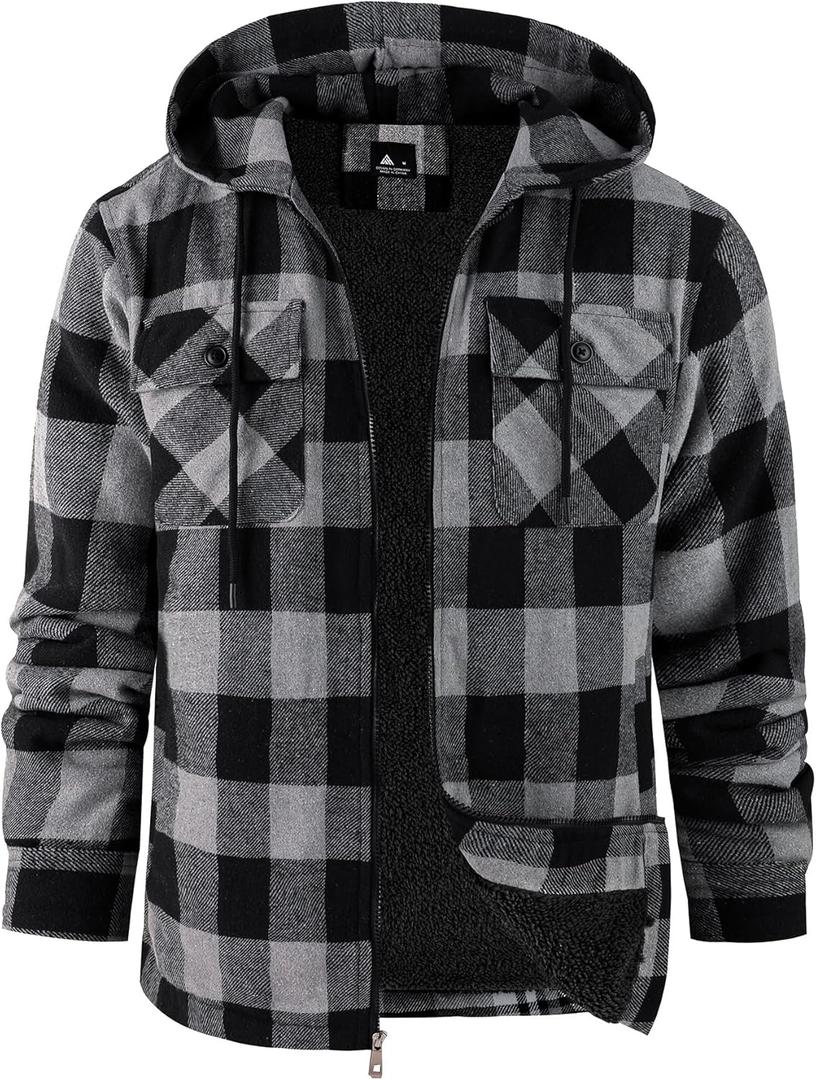 ZITY Men's Flannel Hooded Jacket Fleece Sherpa Lined Plaid Shirts Jackets Zip Up Sweatshirt Hoodies for Men with 4 Pockets, Large