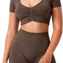 TAYOEA Crop Tops Workout for Women Yoga Short Sleeve Shirts Seamless V-Neck Gym T Shirts with Built in Pads (Small)