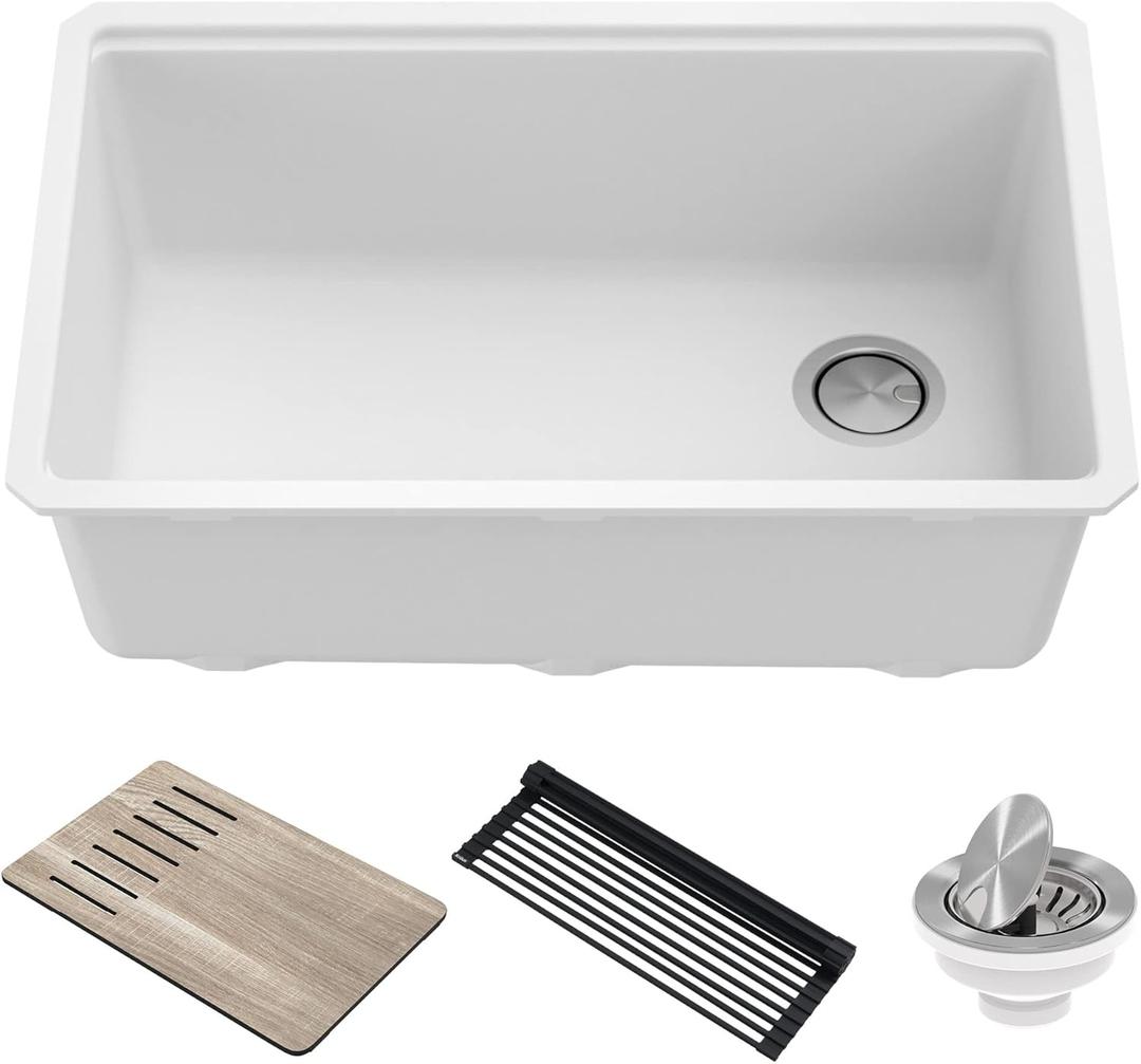 KRAUS Bellucci 30 in. Undermount Workstation Granite Kitchen Sink in White with Accessories, KGUW1-30WH