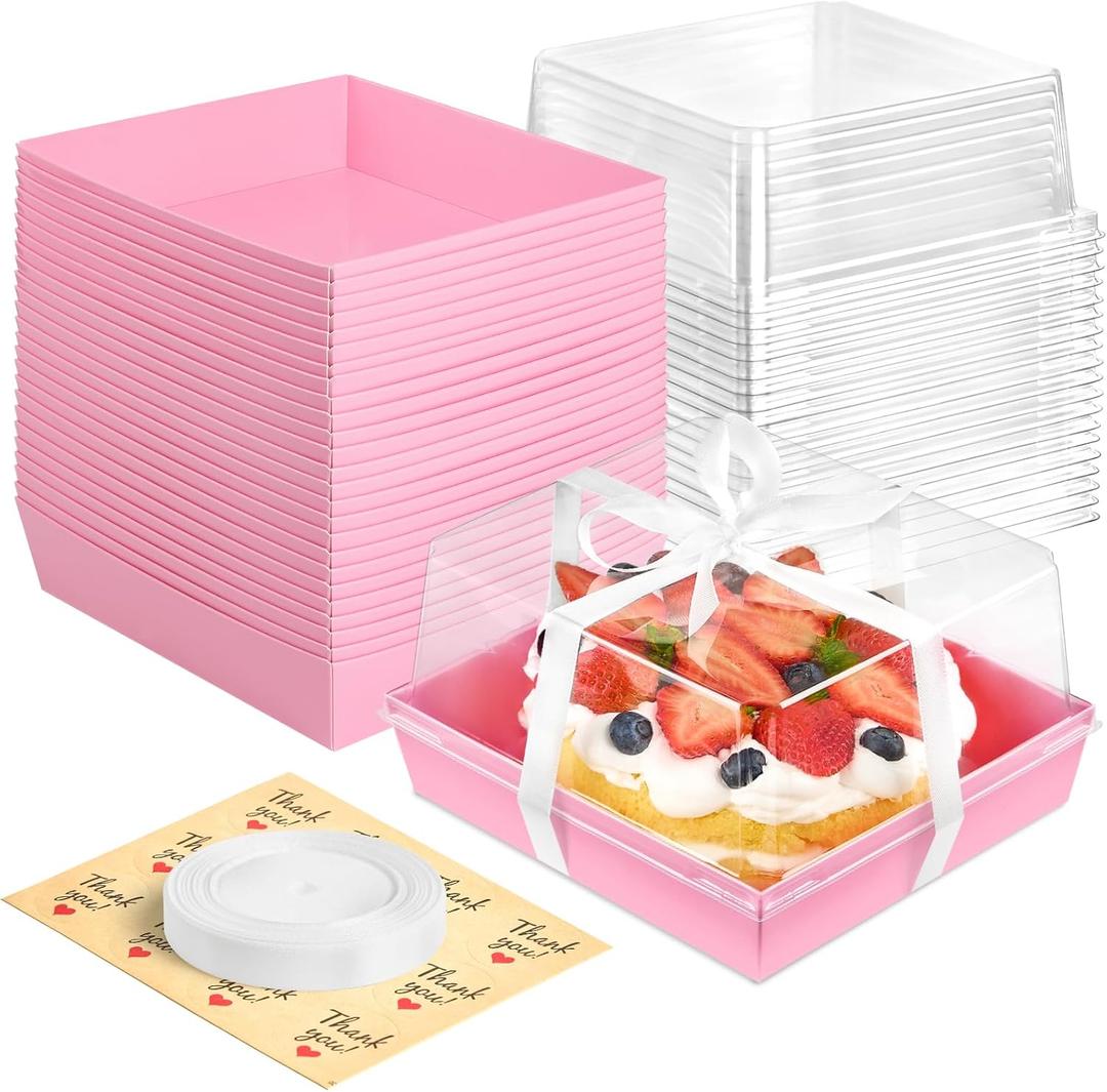 Kucoele 7 x 7 x 4 Inches Pink Paper Cake Boxes with Clear Lids, 20 Pack Square Charcuterie Boxes Disposable To Go Food Containers for 4-6 Inch Cake, Jumbo Cupcakes, Bakeries