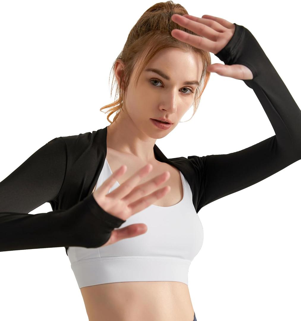 Luna & Sun Women Open Front Long Sleeve Bolero Shrug Yoga Workout Fitness Crop Top (Black, M)