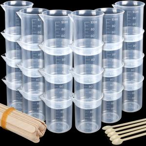 LEOBRO 24 PCS 100ml Resin Measuring Cups with 35PCS Mixing Sticks, Graduated Epoxy Resin Mixing Cups, Small Plastic Beakers, Plastic Measuring Cup for Paint, Art Craft, Soap Candle Tumbler Making