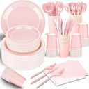 TWOWYHI 228PCS Pink Party Supplies Set Include Paper Plates Cups Pink Napkins Plastic Spoons Forks Knives for 30 Guests Disposable Party Dinnerware For Birthday Wedding Family Picnic