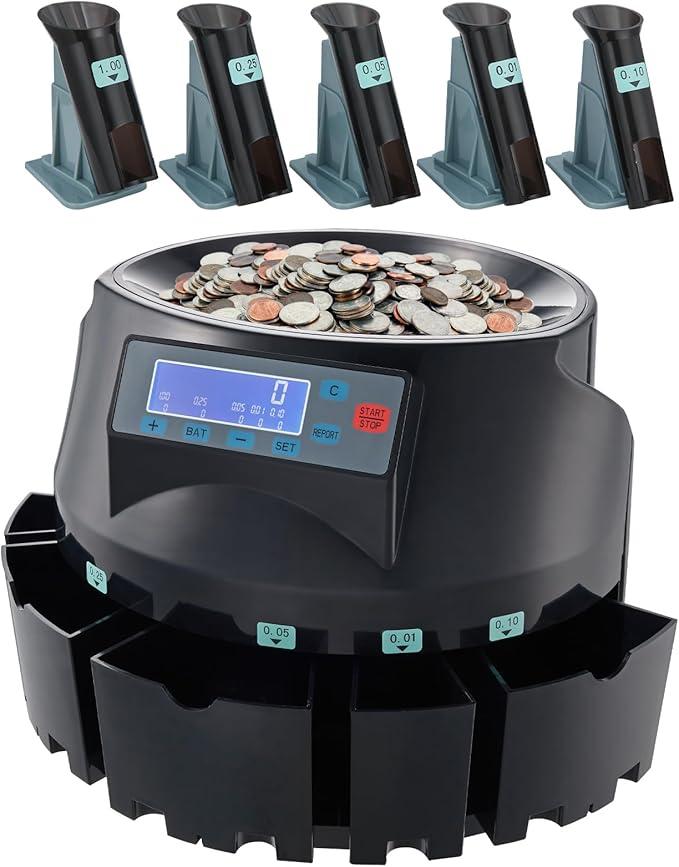 VEVOR USD Coin Counter & Coin Sorters with LCD Display, Coin Sorter Machine for USD Coin 1￠ 5￠ 10￠ 25￠ $1, Sorts up to 300 Coins/min, Change Counter Holds 2000 Coins Included 5 Coin Bins & 5 Tubes