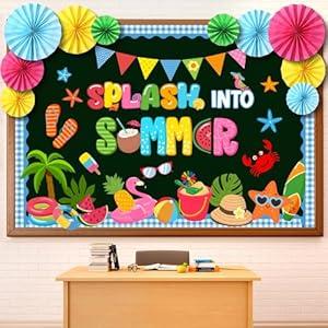Eersida 73 Pcs Summer Bulletin Board Decorations with Paper Fans Summer Beach Classroom Bulletin Board Set Palm Fruits Ice Cream Slippers Cutouts for Tropical Hawaii Holiday School Home Wall Decor