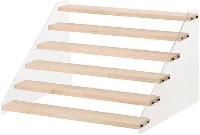 7 Tier Acrylic Wooden Display Stand, Clear Acrylic and Wood Tiered Display Shelf Rack, 15.7 Inch Step Ladder Riser for Cupcakes Perfumes Figures Collectibles (7 tier wood color)