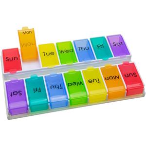 EZY DOSE Ezy Fill (14-Day) Pill Organizer, Weekly Removable Trays with Flip-Open Daily Compartments for Easy Refill, 2 Times a Day Medicine Planner, Vitamin Organizer Box, Rainbow, BPA Free